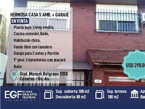 VENTA HERMOSA CASA 5 AMB + GARAJE PLENO CENTRO CASEROS