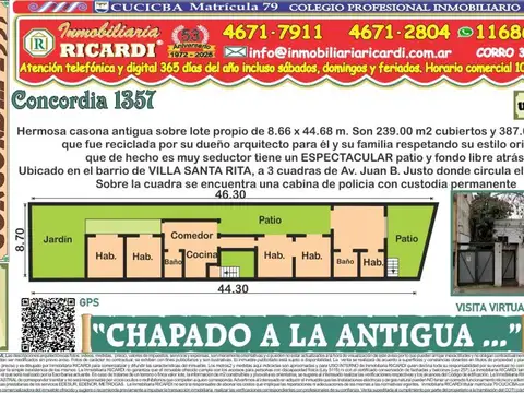 Chapado a la antigua  pintoresca casona  lote 8.66 x 44.68