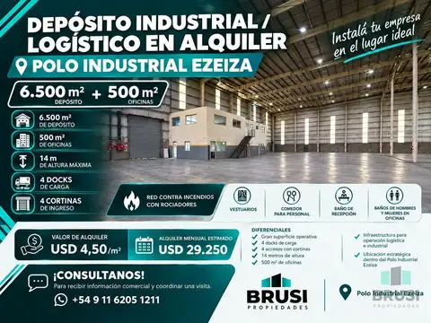 ALQUILER DE NAVE INDUSTRIAL 6.500 M² · 14M ALTURA · RED DE INCENDIO · 500 M² OFICINAS .