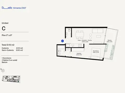 Departamento 2 ambientes con 1 baño