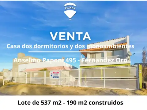  VENTA CASA DOS DORMITORIOS + 2 MONOS FDZ ORO
