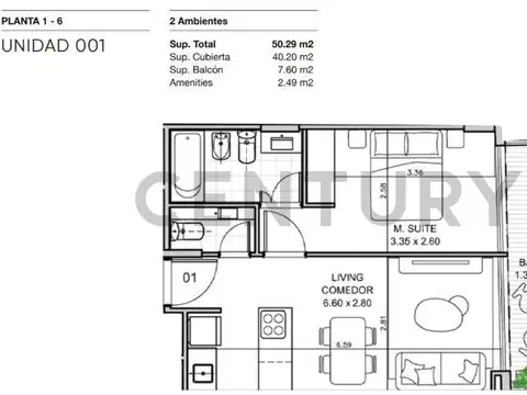 Departamento 2 ambientes con 1 baño