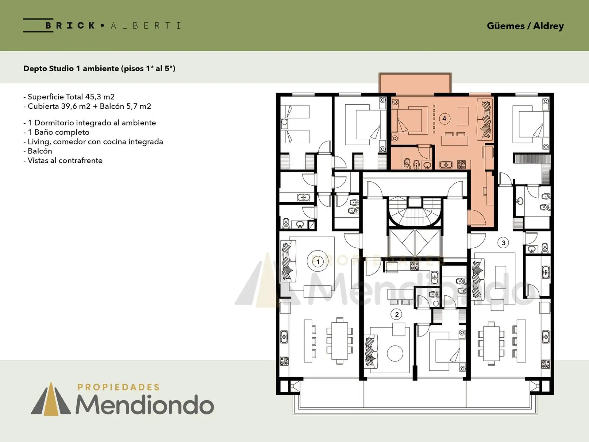 Depto tipo Studio de 45m2 - Monoambiente con Balcón Zona Güemes Aldrey