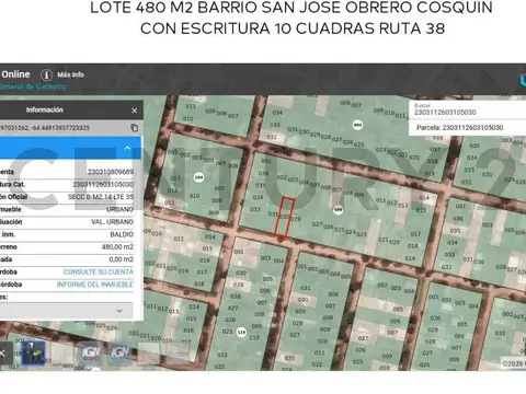 TERRENO COSQUIN DE  480 M2 A SOLO 5 MINIUTOS PLAZA PROSPERO MOLINA