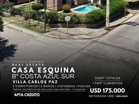 Venta Casa Esquina De 3 Dormitorios C/Pileta En Bº Costa Azul Sur, Villa Carlos Paz