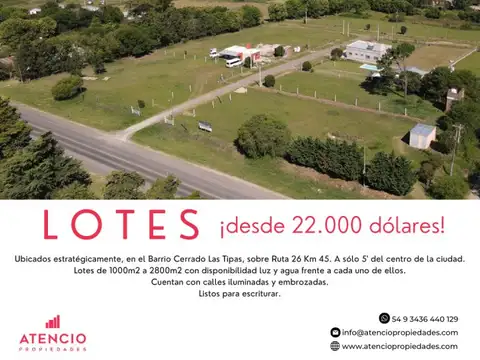 Lotes desde 22.000 dólares! Barrio Cerrado Las Tipas! 1000m2 a 2800m2! A 5 Minutos De La Ciudad...