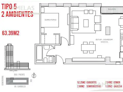 Departamento 2 ambientes con 1 baño