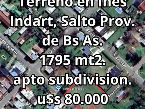 Terreno en Venta en Inés Indart, USD 80.000