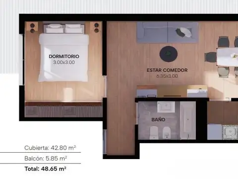 Departamento 2 ambientes con 1 baño