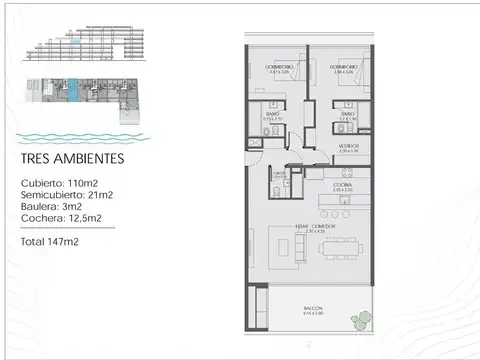 Departamento 3 ambientes con 2 baños