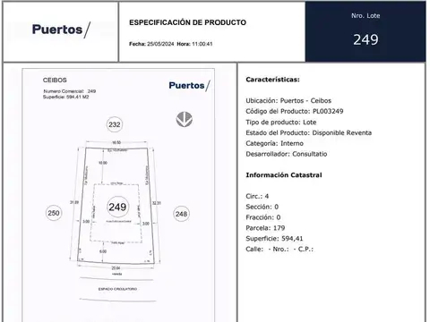 Terreno en Venta en Puertos - Barrio Ceibos, USD 105.000