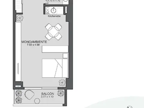 Departamento Monoambiente con 1 baño