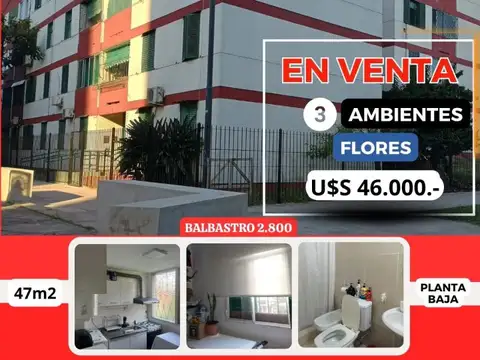3 AMB,FLORES,U$D 46.000.-,APTO CRÉDITO, MUY LUMINOSO