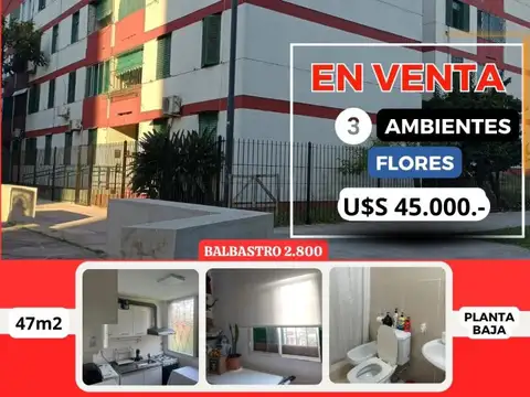 3 AMB,FLORES,U$D 45.000.-,APTO CRÉDITO, MUY LUMINOSO