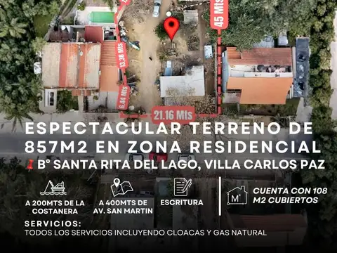 POTENCIAL TERRENO DE 857M² CON TODOS LOS SERVICIOS EN SANTA RITA- VILLA CARLOS PAZ