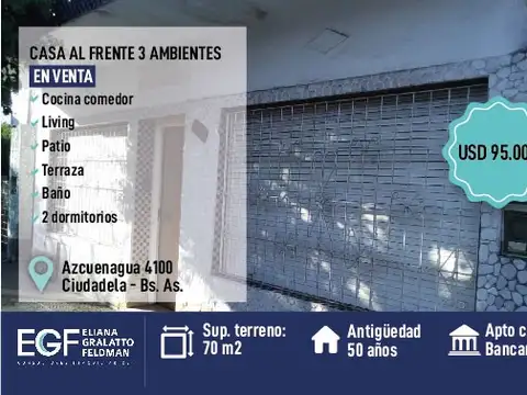VENTA CASA AL FRENTE 3 AMB