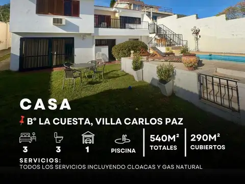 Venta Gran Casa 3 Dormitorios, Jardin Trasero/Delantero Y Pileta En B° La Cuesta - Villa Carlos Paz