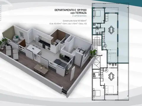 Departamento 2 ambientes con 1 baño