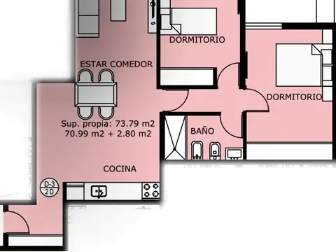 Departamento 3 ambientes con 1 baño