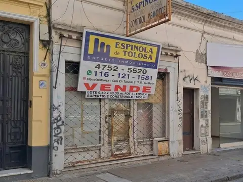 SAN MARTIN CENTRO, EXCELENTE LOTE  9,40 X 43,30 MTS A PLAZA