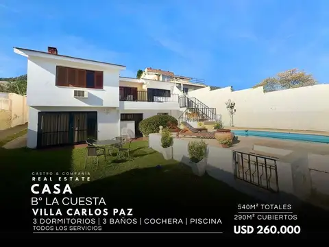 Venta Gran Casa 3 Dormitorios, Jardin Trasero/Delantero Y Pileta En B° La Cuesta - Villa Carlos Paz