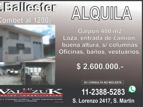 Alquila Galpon 400m2 en Villa Ballester
