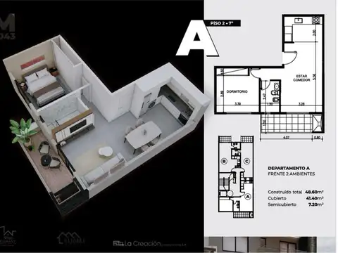Departamento 2 ambientes con 1 baño