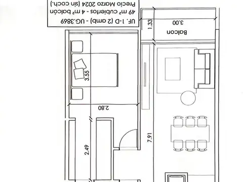 Departamento 2 ambientes con 1 baño