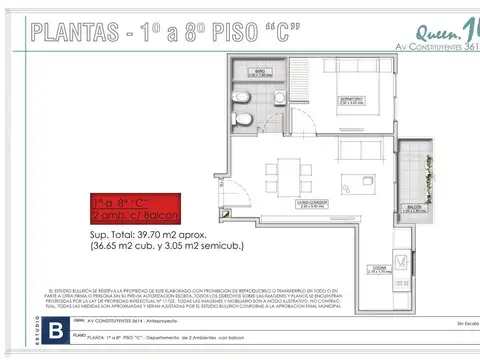 Departamento 2 ambientes con 1 baño