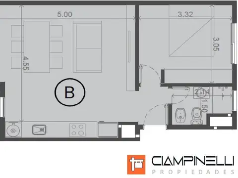 departamento 2 ambientes 50 mts