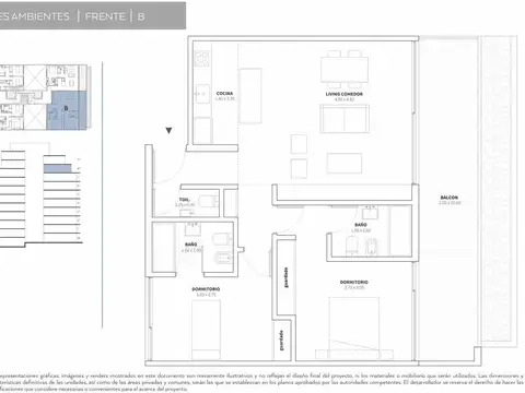 Departamento 2 ambientes con 2 baños