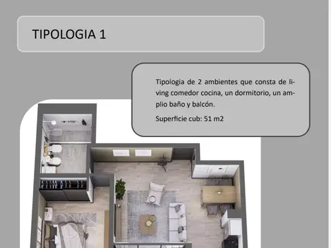 Departamento 2 ambientes con 1 baño