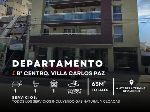 VENTA  DPTO 1 DOR, C/COCHERA, PISCINA, BALCÓN, A MTS DE LA TERMINAL DE CARLOS PAZ