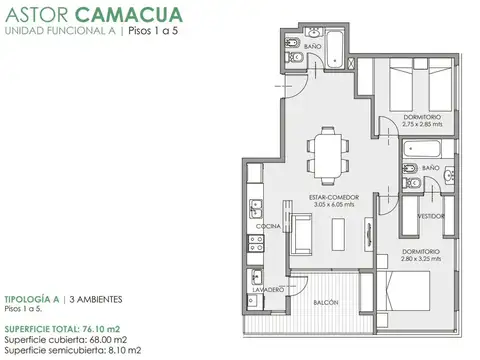 Departamento 3 ambientes con 2 baños