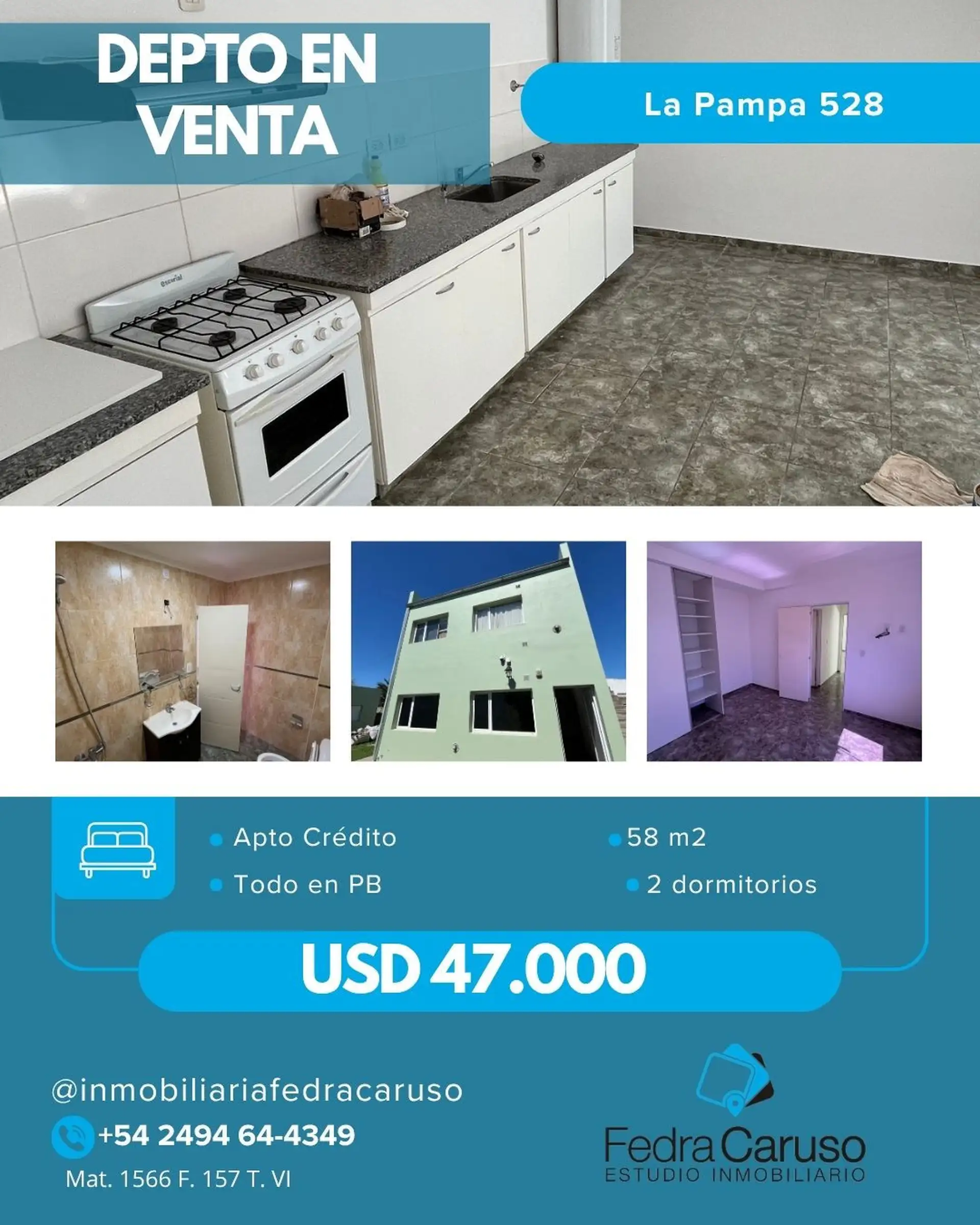 Depto 3 amb en PB de 58 m² con 2 dormitorios — La Pampa al 500, Tandil
