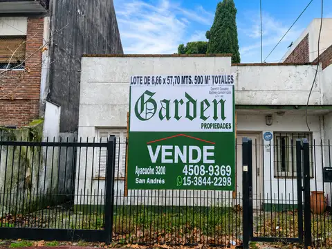 Lote en venta de 8,66 x 57,70 Mts. 500 m2 totales. Inmejorable ubicacion. Ideal inversor