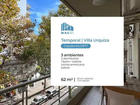 Excelente Dpto. 3 ambientes en Alquiler con balcón al frente