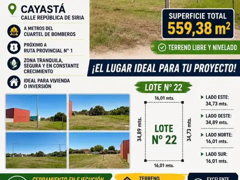 Terreno en venta en Cayasta , Santa Fe, Calle Republica de Siria