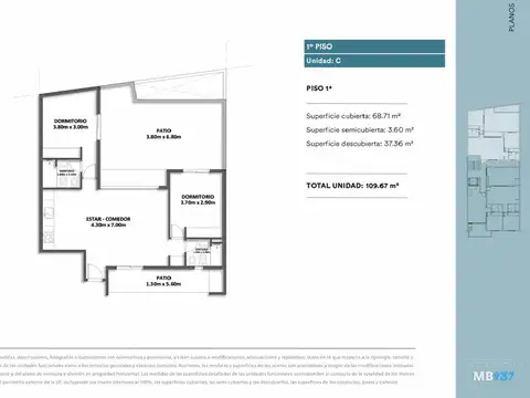 Departamento de tres amb. balcón aterrazado, parrilla