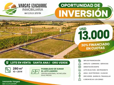 LOTES EN VENTA en Oro Verde: OPORTUNIDAD JUNTOS o INDIVIDUALES con 30% FINANCIADO en Santa Ana I