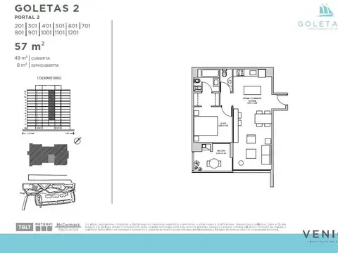 Departamento 2 ambientes con 1 baño