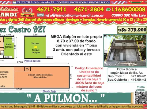 A PULMÓN... galpón lote propio + vivienda a reciclar 1º piso
