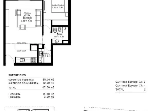 Departamento 2 ambientes con 1 baño