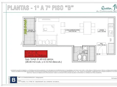 Departamento Monoambiente con 1 baño