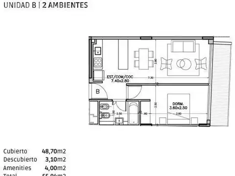 Departamento 2 ambientes con 1 baño