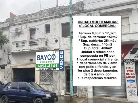 LOCAL COMERCIAL EN TERRENO PROPIO C/ VIVIENDA. 400M2 Totales.