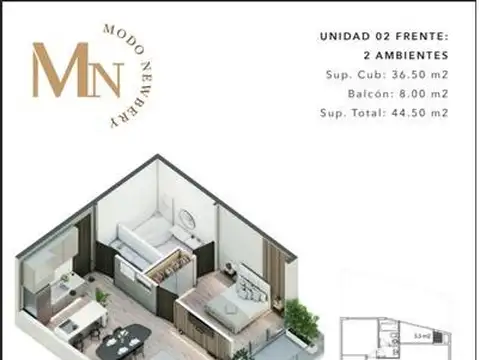 Hermoso y amplio 2 ambientes de 46m2 en construcción- VENTA