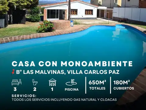 Venta De Casa 3 Dormitorios   Monoambiente C/Pileta. B° Las Malvinas, Villa Carlos Paz