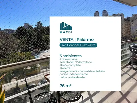Excelente Departamento 3 ambientes en Venta con vista al Parque Las Heras.
